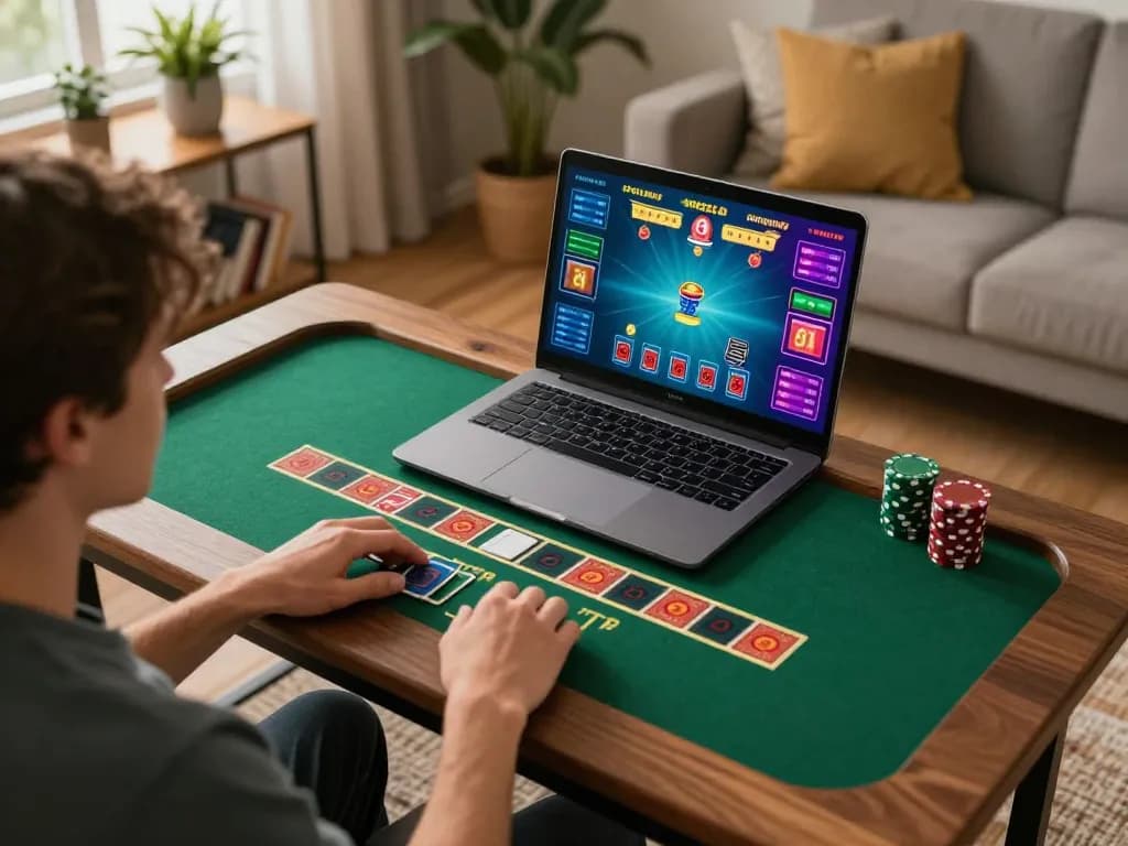 Player engaging in 9bet online blackjack, showcasing strategic gameplay in a cozy home setting.