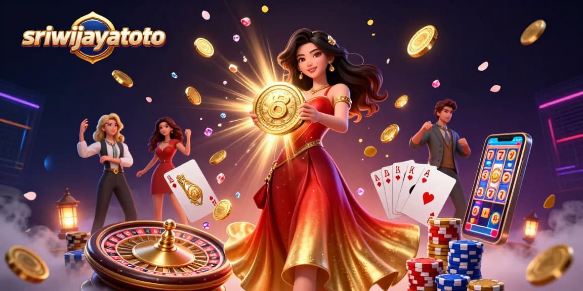 Sriwijayatoto showcases a mesmerizing casino scene featuring a glamorous woman with a golden coin, surrounded by dynamic gaming elements.