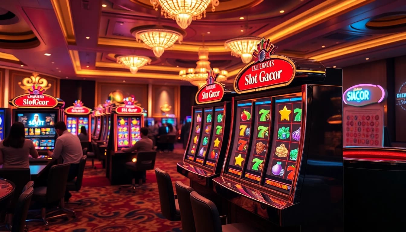 Excited players enjoying the vibrant Slot Gacor machines in a luxurious casino.