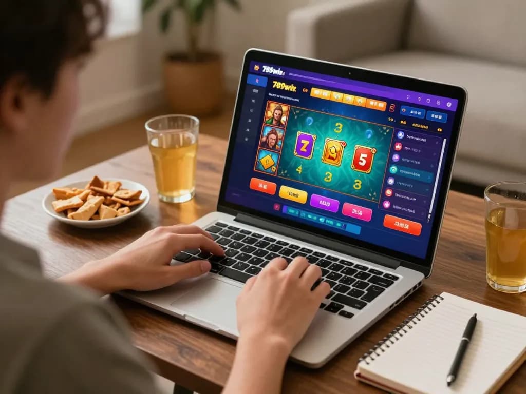 Experience thrilling online gaming with 789win on a laptop, showcasing engaging casino graphics in a cozy setting.