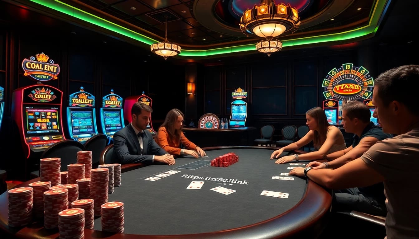 An exciting poker game with vibrant casino elements showcasing https://tx88.link/ along with slot machines and roulette.