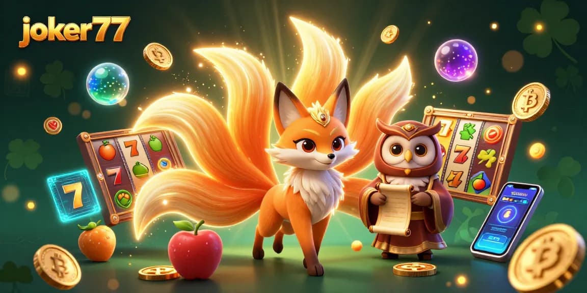 Engage with joker77's colorful slot gaming world featuring lively spirit characters and vibrant coins.