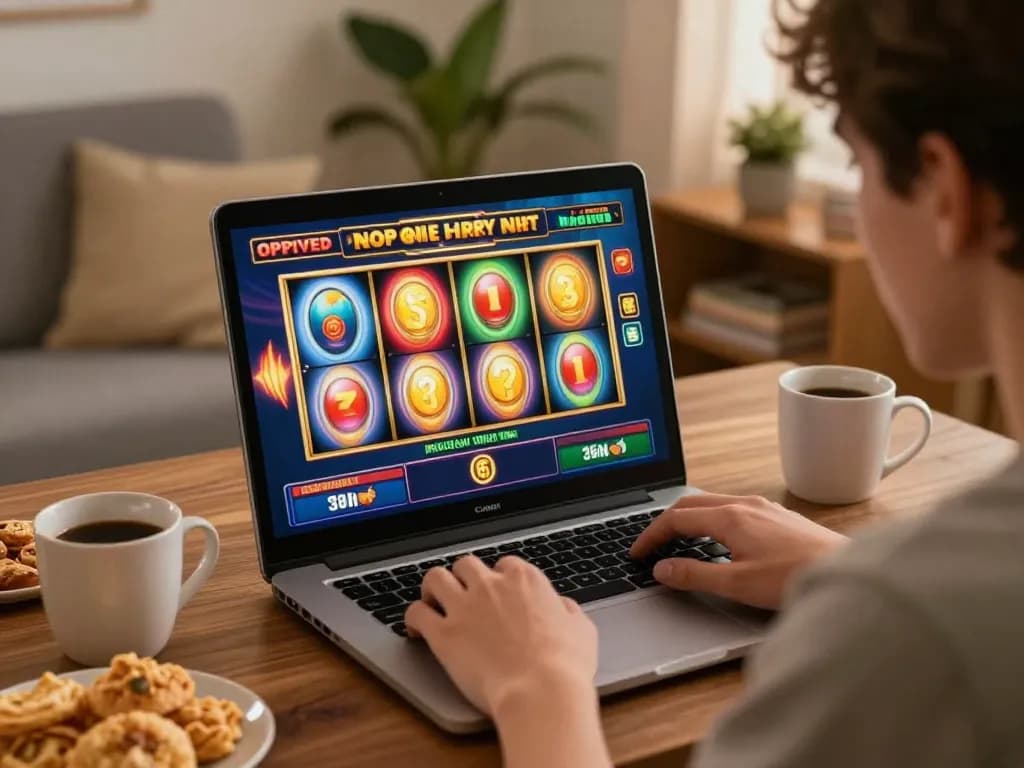 Engaged player spinning colorful reels in situs slot gaming on their laptop at home.