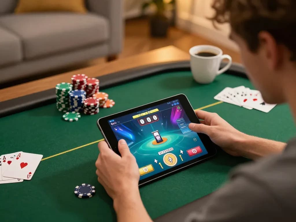 Engaged player enjoying Poker Online Domino QQ on tablet during home gaming session