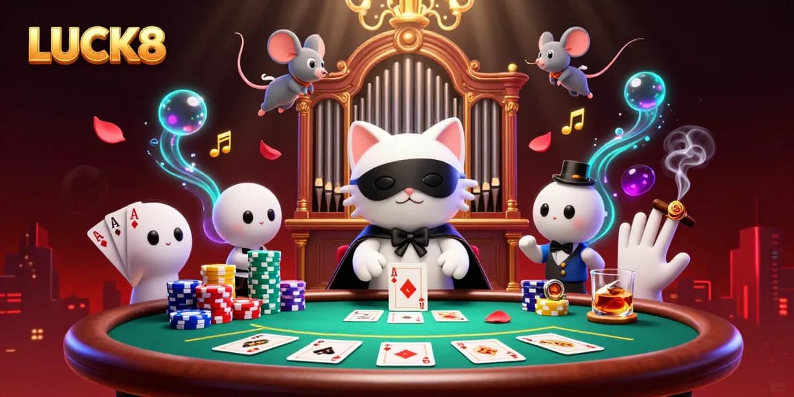 LUCK8 showcases thrilling poker action with vibrant casino elements and characters.