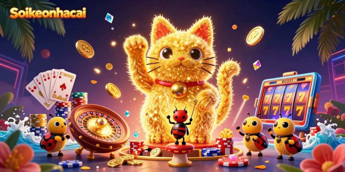 Engage with soikeonhacai and explore vibrant casino elements featuring a golden lucky cat.