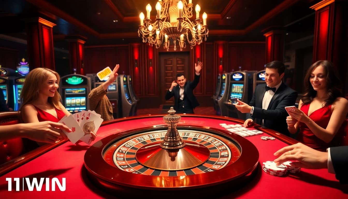 Experience thrilling gameplay at https://11win.br.com/ with a chic roulette table and excited players.