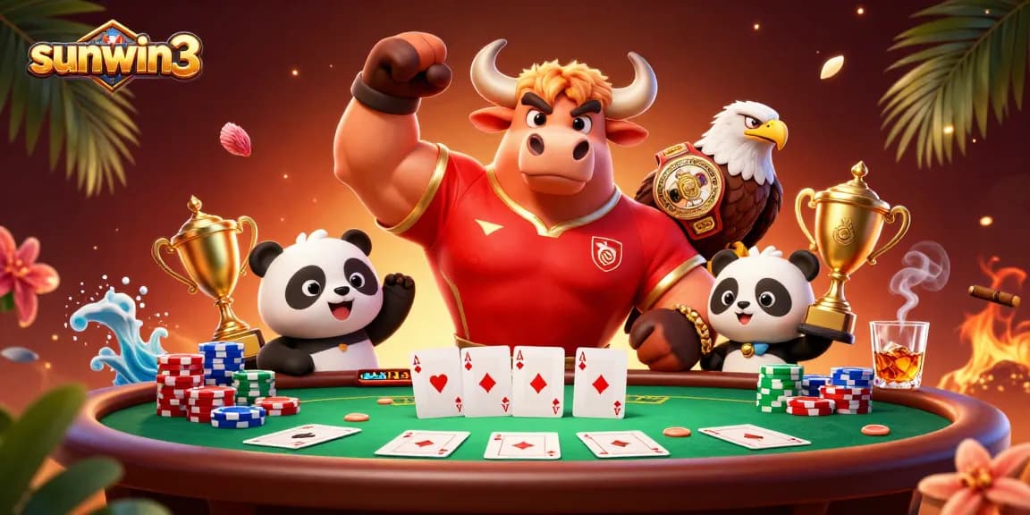 Experience the thrill with sunwin3, featuring a bull mascot, eagle, and panda celebrating at a poker table.