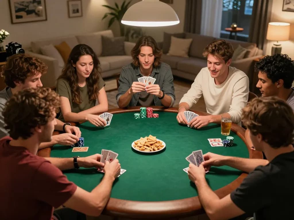 Friends enjoying a competitive GO88 poker night at home, chips and cards visible, warm ambiance.