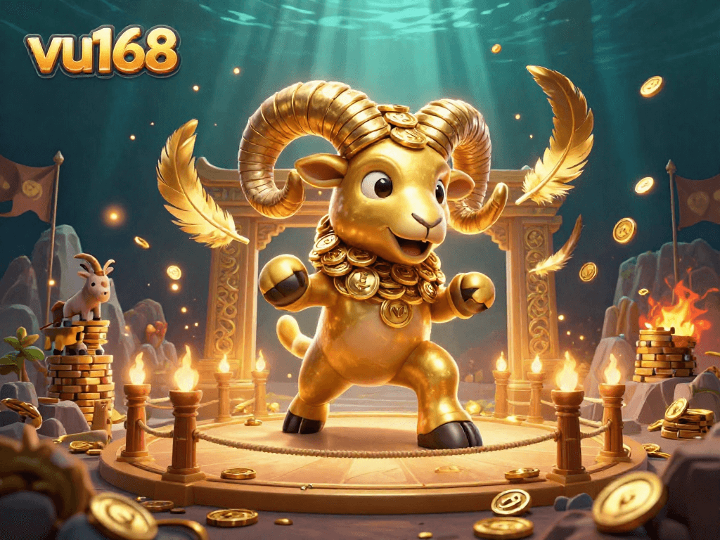 Experience exhilarating betting with vu168 as a golden ram strikes through a dynamic casino scene.