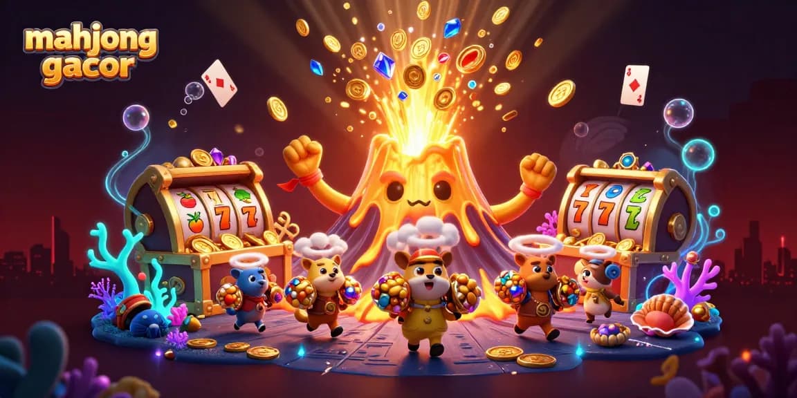 Engage with mahjong gacor in an energetic 3D illustration featuring lively game elements and treasure.
