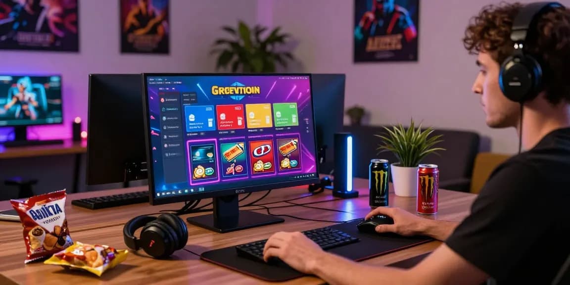 Player engaged at desktop showing credit card casinos and vibrant gaming accessories in a modern home office.
