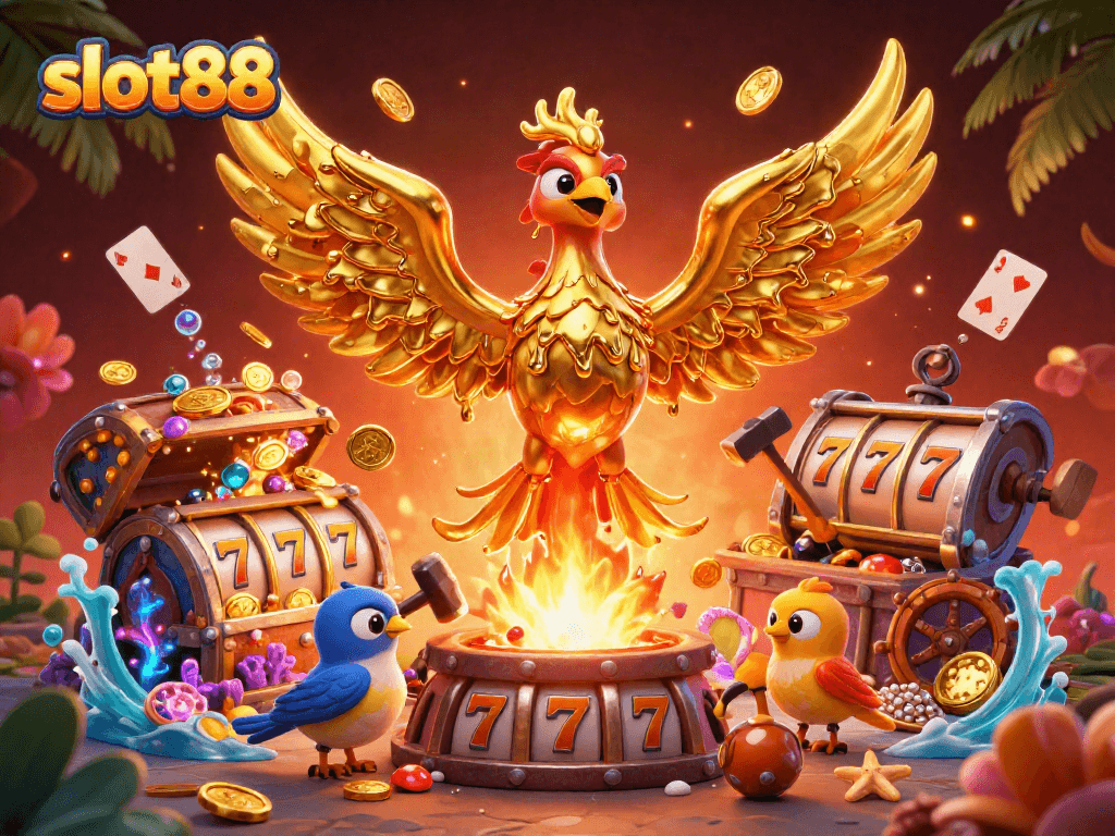 Spin and win big with slot88’s golden phoenix and vibrant casino elements in this rich, colorful scene.