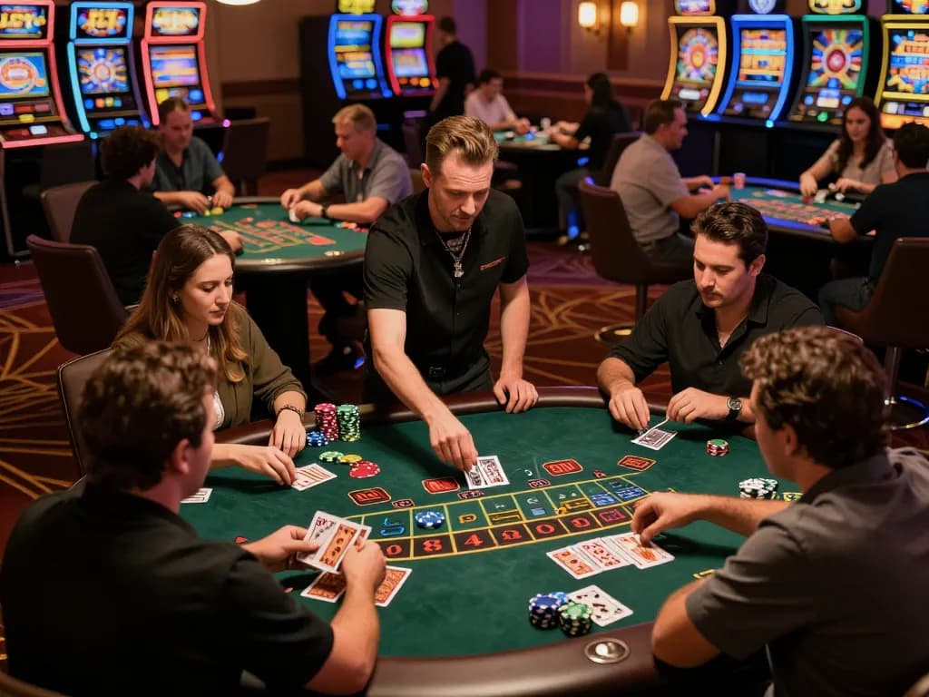 Luckywin players engaging in intense blackjack gameplay on a vibrant casino floor, highlighting action and atmosphere.