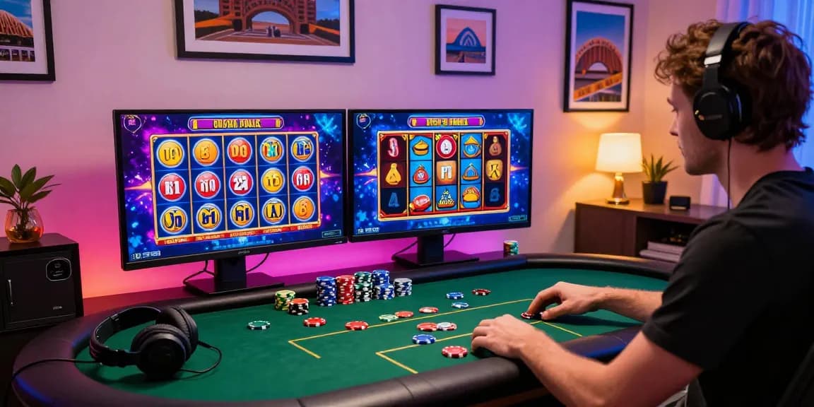 Engaged player enjoying online casinos australia with vibrant poker graphics and casino chips in a modern home office.