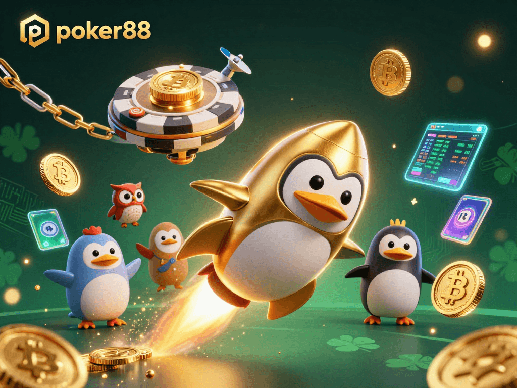 Poker88 menghadirkan pengalaman bermain yang seru dengan ilustrasi kartun 3D dari penguin emas dan elemen kasino digital.