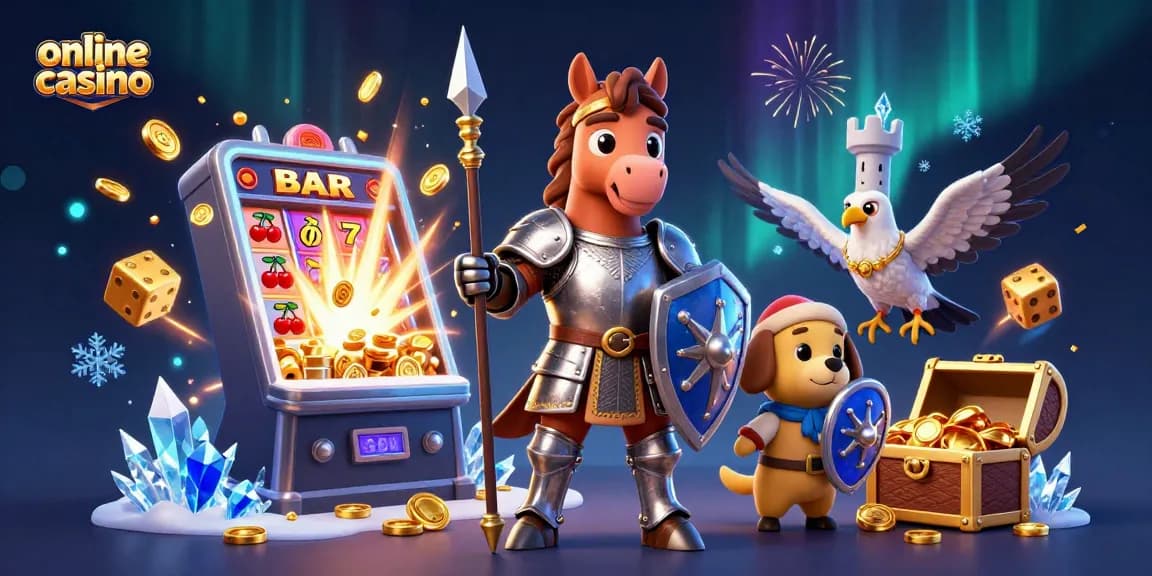 Engage with exciting online casino adventures featuring slots, dice, and vibrant characters.