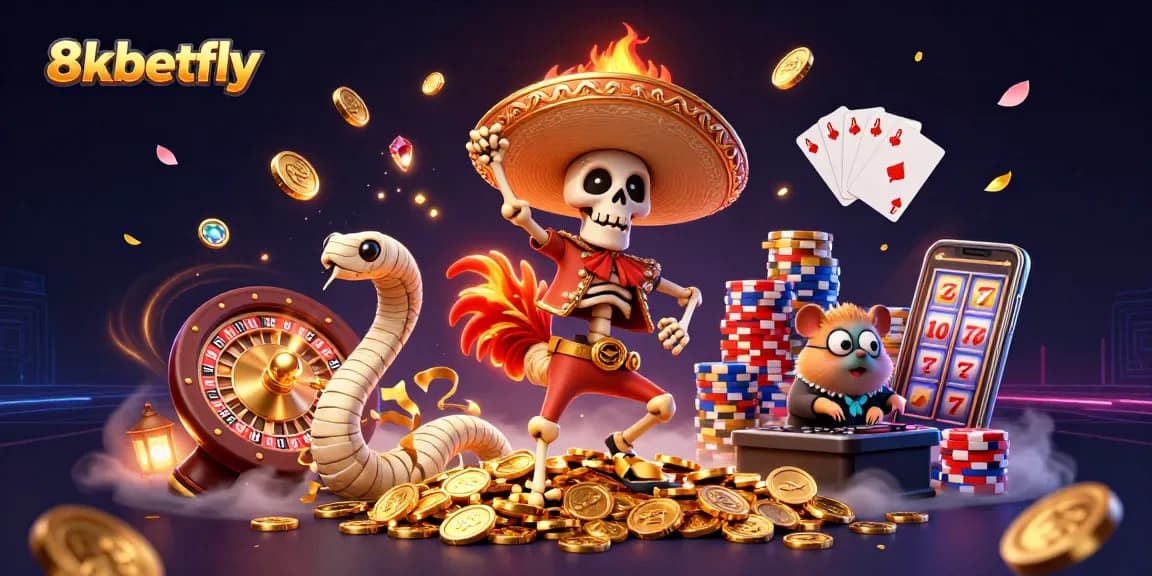 Join the fun at 8xbetfly in a vibrant casino scene featuring a victory dance over golden coins.