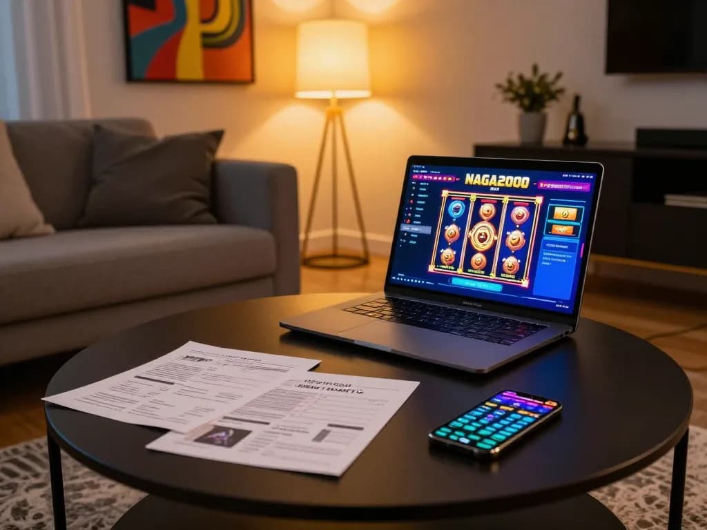 NAGA2000 SLOT online gaming setup with laptop showcasing colorful graphics and warm ambiance