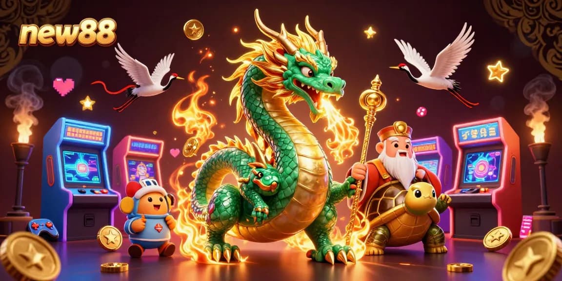 Experience winning on new88 with a vibrant 3D casino illustration featuring engaging characters and game elements.