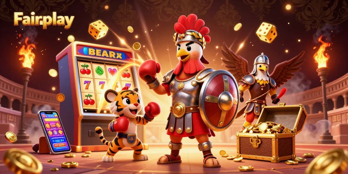 Experience Fairplay excitement with a thrilling casino scene featuring a gladiator rooster and gaming elements.
