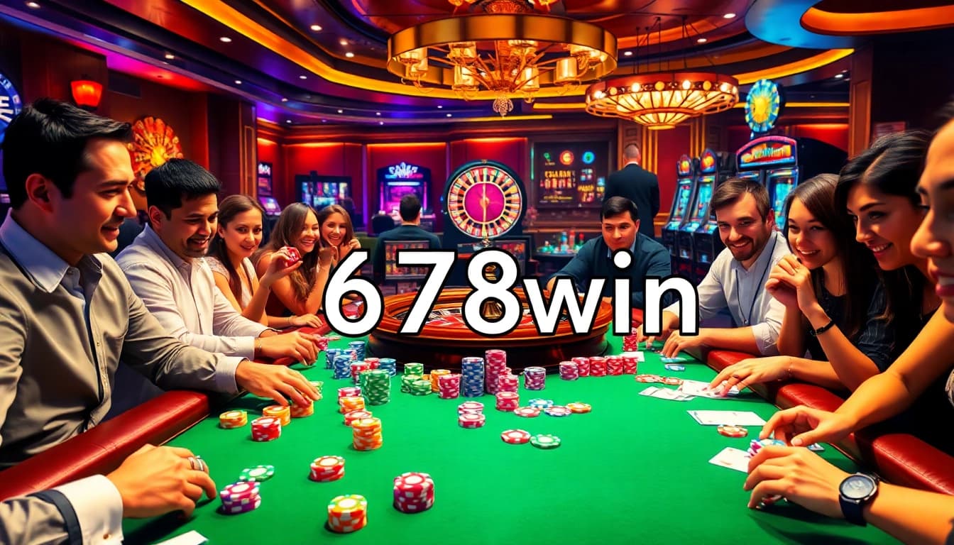 Players enjoying a thrilling gambling experience at 678win casino with poker chips and cards.