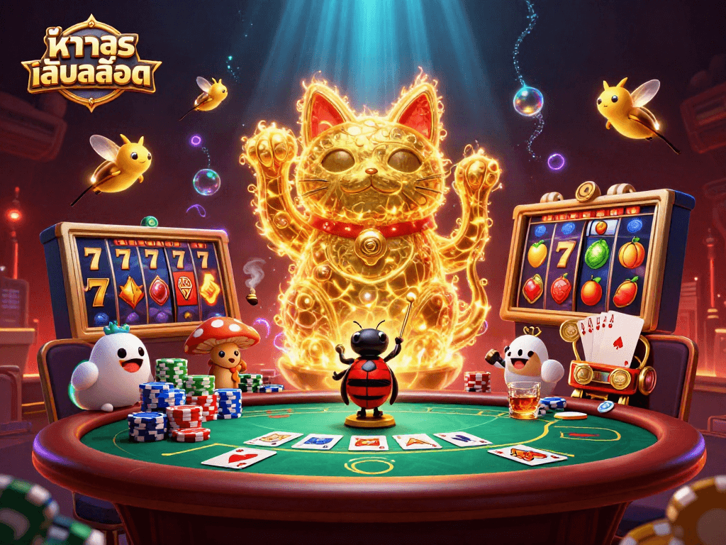 Experience the thrill of ทดลองเล่นสล็อต with a vibrant scene featuring dazzling slot reels and a giant lucky cat.