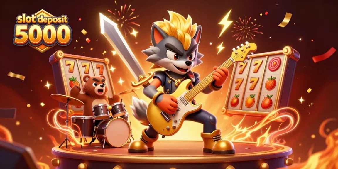 Experience thrilling gameplay at slot deposit 5000 showcasing a rock star wolf and drummer bear in a vibrant casino atmosphere.