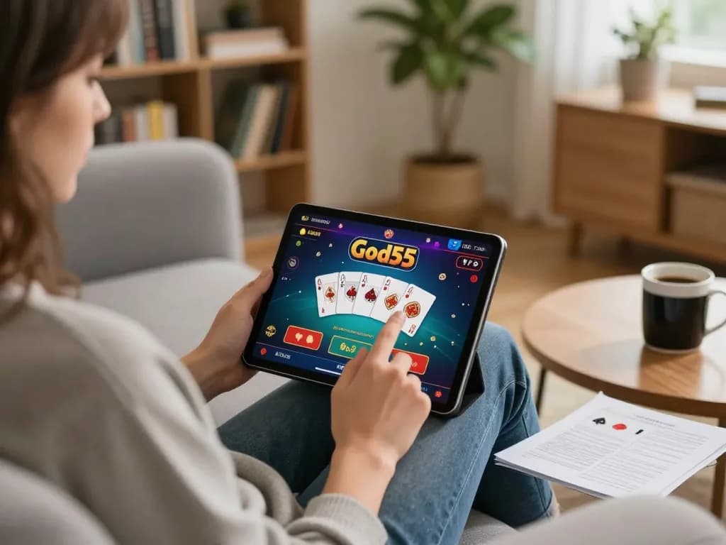 Player enjoying a dynamic game at God55 online casino on their tablet in a cozy home setting, with poker cards visible and warm atmosphere.