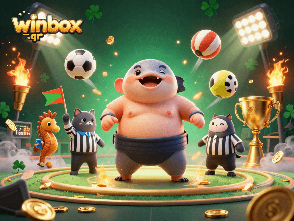 Experience the excitement of winbox qr with a dynamic casino scene featuring a blowfish, referee, and spectators.