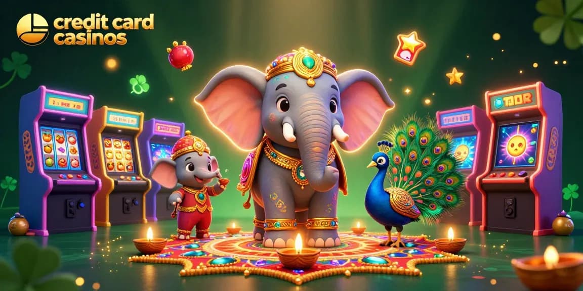 Engage with exciting credit card casinos featuring vibrant illustrations of slots and a festive elephant.