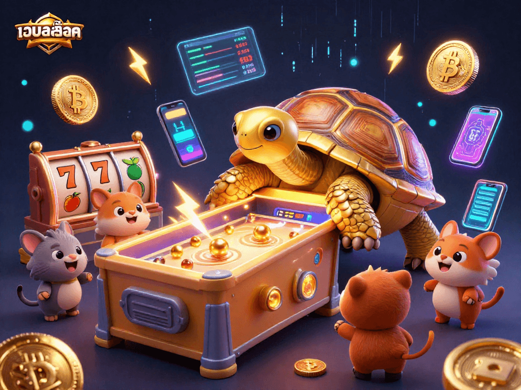 Engage in เว็บสล็อต gaming excitement with a vibrant illustration featuring a golden tortoise pinball machine amidst neon cryptocurrency elements.