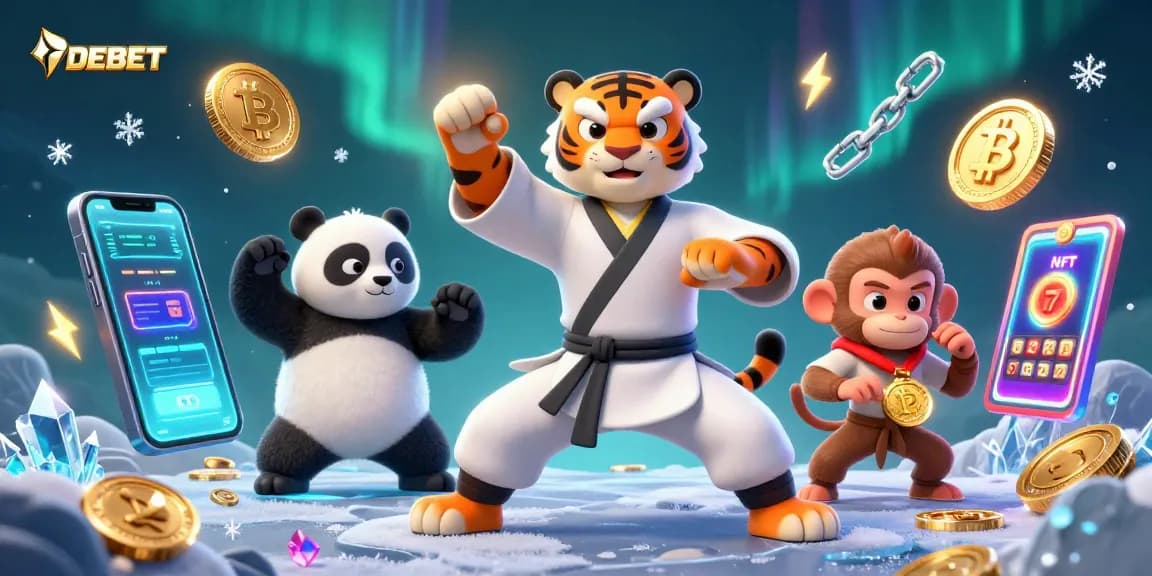 Experience vibrant casino excitement with DEBET featuring playful characters and cryptocurrency elements.