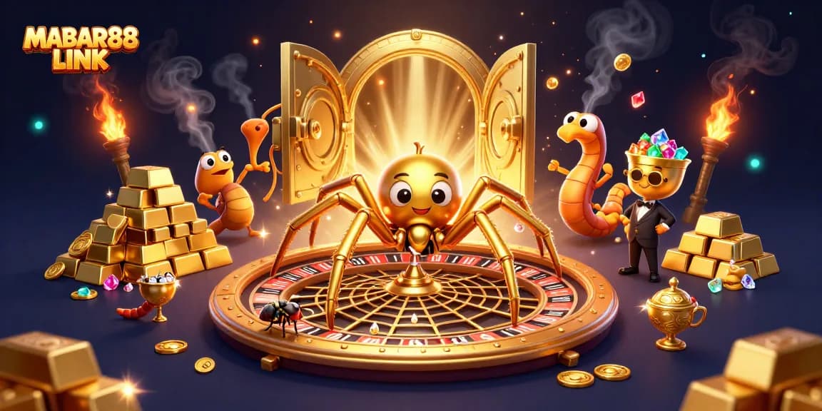 MABAR88 LINK features a golden spider, roulette wheel, and vibrant casino elements in a dynamic casino-themed scene.