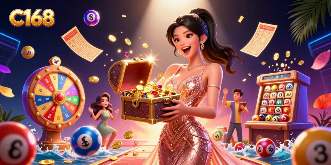 Experience the thrill of C168's vibrant casino atmosphere with treasures and prizes raining down.