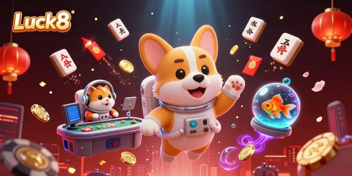 Luck8 offers an energetic casino experience with vibrant characters and floating game elements.