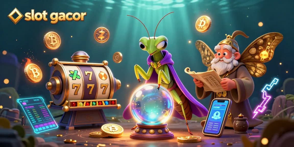 Experience slot gacor with a mystical fortune teller and vibrant gaming symbols in this captivating 3D scene.