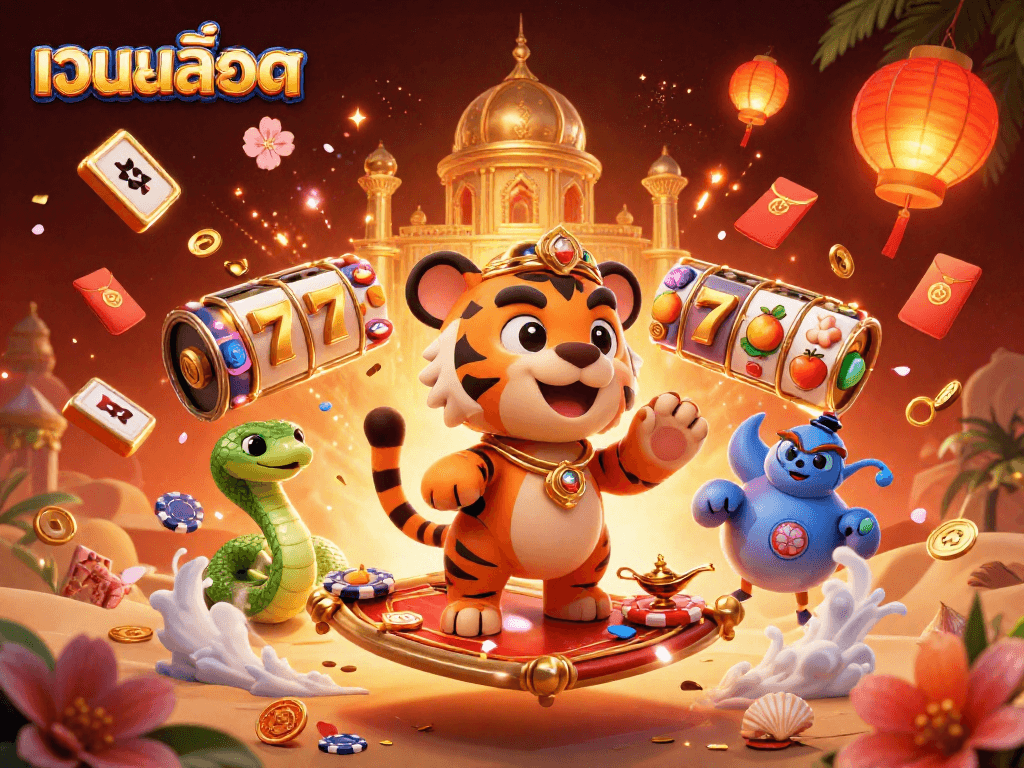 Experience thrilling เว็บสล็อต action with 3D tiger sultan on a flying carpet amid dynamic casino elements.