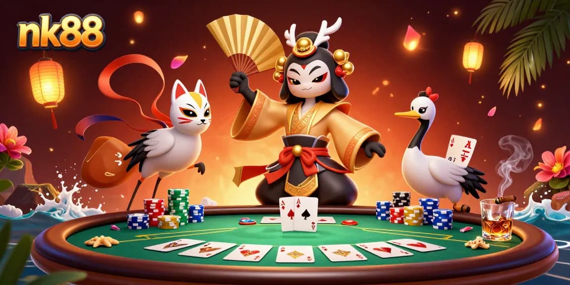 Engage with nk88's vibrant casino atmosphere featuring dynamic characters and poker elements.