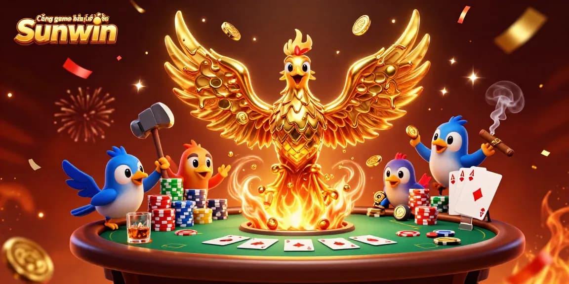 Engage in exciting games at Cổng game bài đổi thưởng Sunwin with golden phoenix and poker elements.