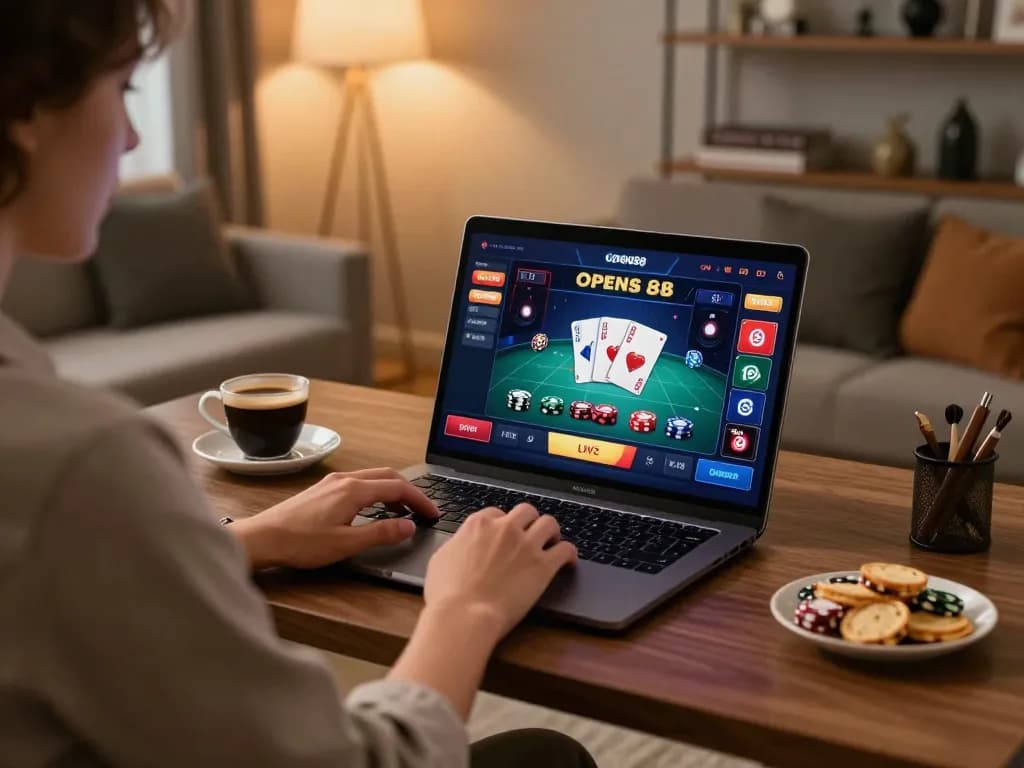 Experience live dealer games at Open 88 with a stylish gaming setup, showcasing table and cards on the screen.