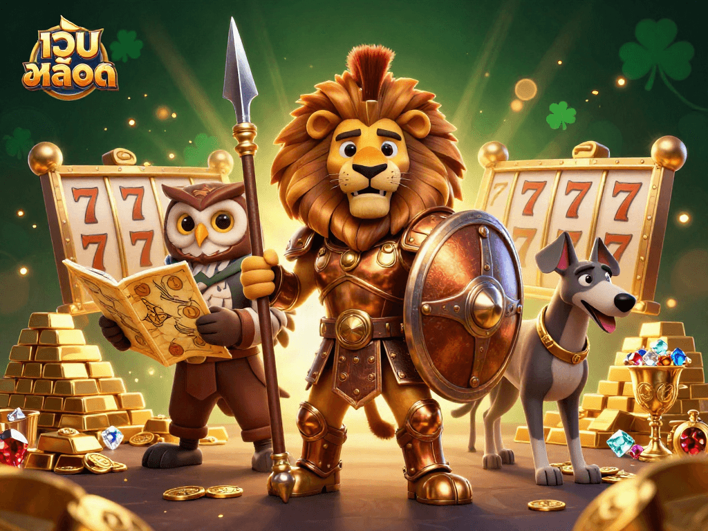 Engage in เว็บสล็อต with a captivating 3D illustration of a Spartan lion and friends amidst shimmering treasures.