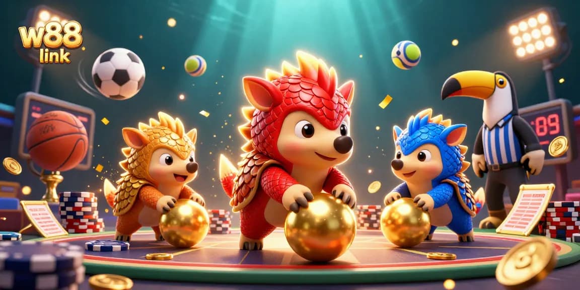 Place bets with the w88 link amidst colorful casino action featuring pangolins and sports elements.