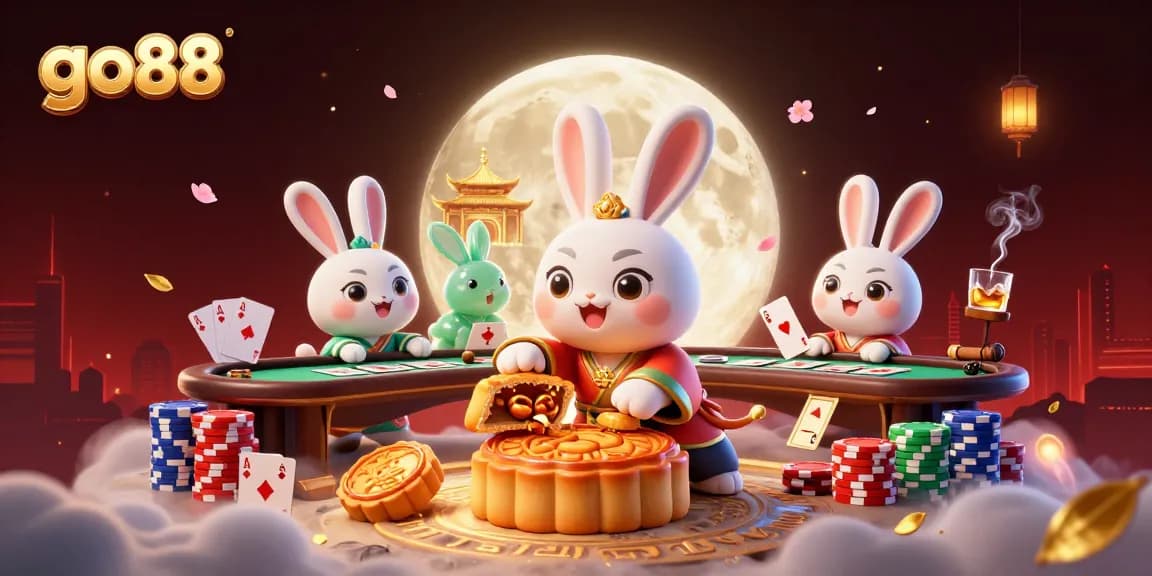 Engaging gaming action with go88 features poker chips and moon rabbit in a vibrant casino scene.