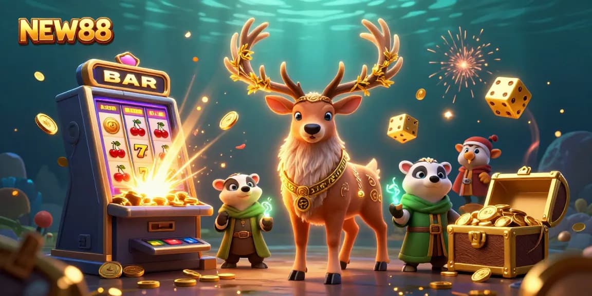 Experience the excitement of NEW88 with captivating characters and a dynamic casino scene featuring slot machines and treasure.