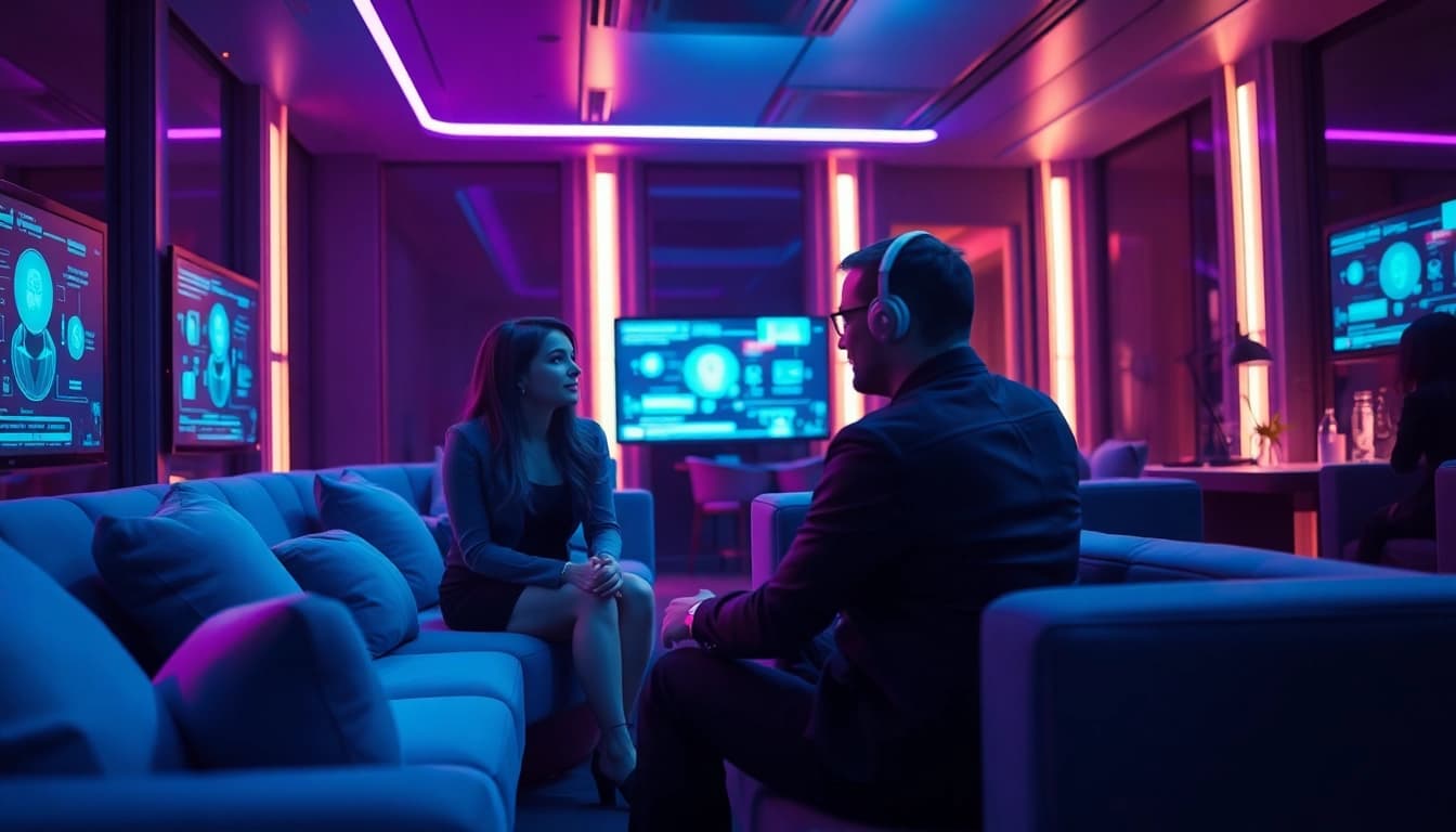 AI NSFW interactions in a futuristic lounge with engaging virtual partners