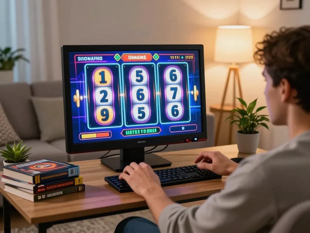 Engaged player enjoying hytw3339 online slots from home, surrounded by gaming strategy books and warm ambiance.