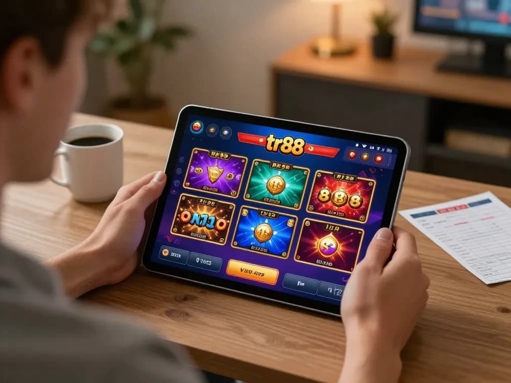 Engaging in tr88 game online, a player explores thrilling casino options on a tablet, showcasing a cozy gaming environment.