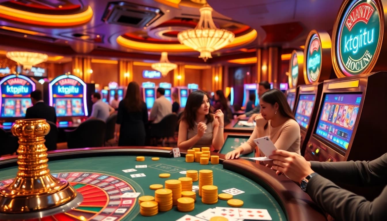 Experience the excitement of gambling with ktpjitu login, showcasing vibrant slot machines and a luxurious casino setting.