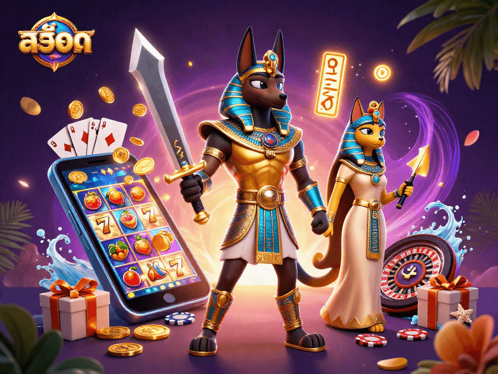 Engage with the vibrant สล็อต scene featuring Anubis, Bastet, and dynamic slot game elements.